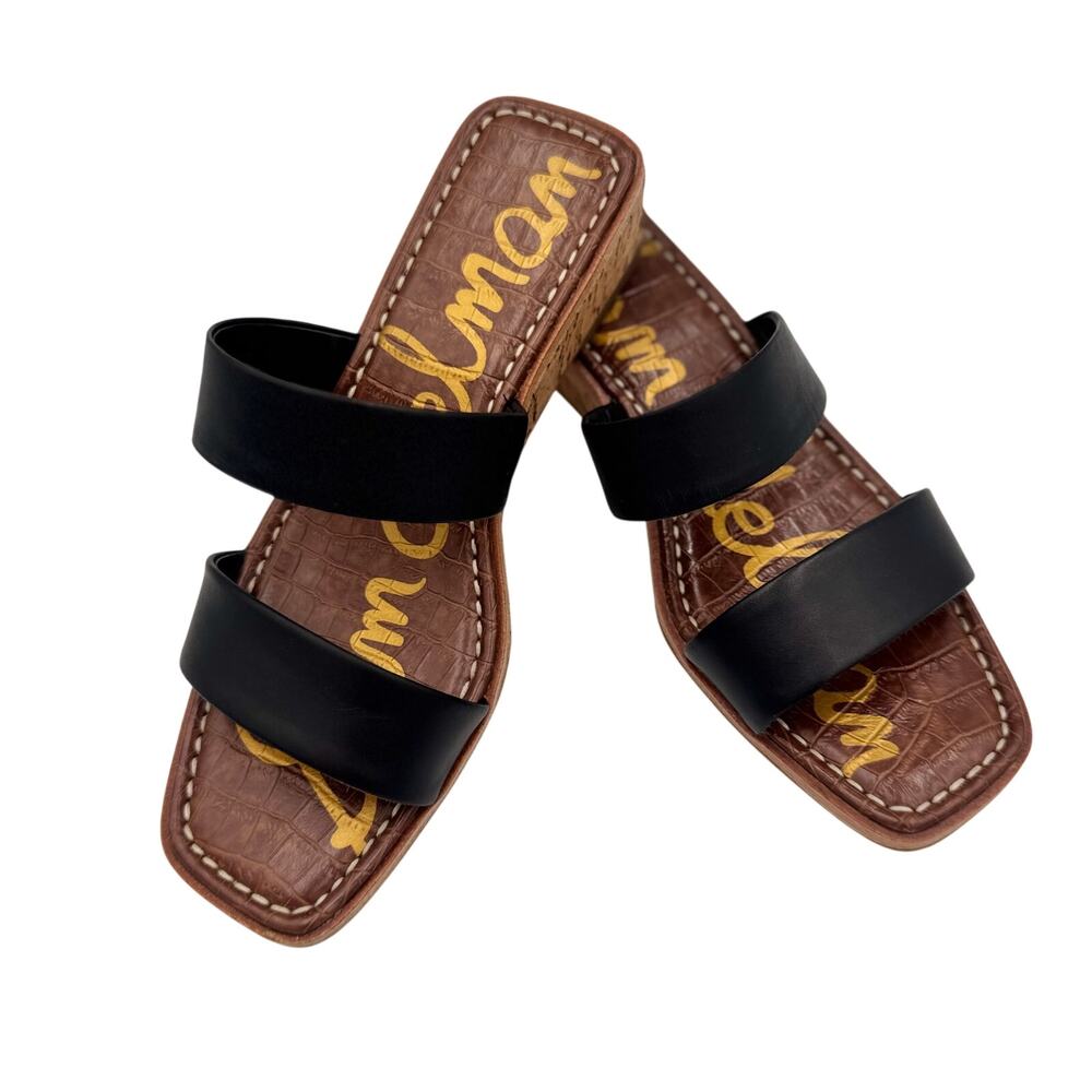 Sam Edelman Vena Black Leather Cork Wedge Slide Sandal Double Strap 8.5 EU 38.5 - Picture 2 of 16